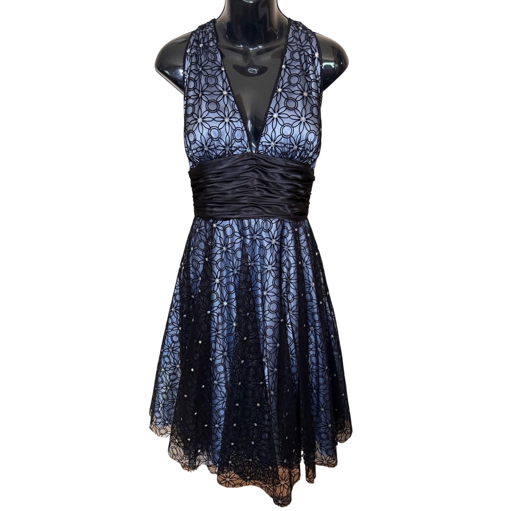 Adrianna Papell Boutique Blue Black Lace Rhinestone Halter Dress Size 8